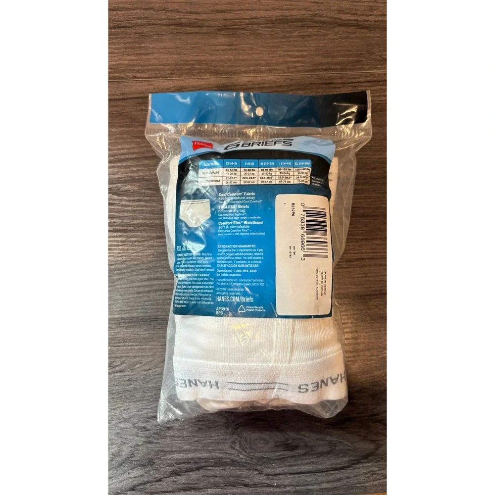 Hanes Boys 6 Pack Tagless Briefs White ComfortSoft Cotton Size Large 14-16